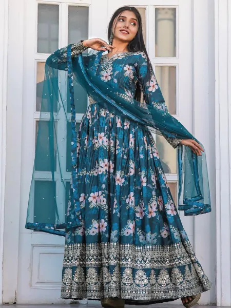 Blue Color Heavy Designer Gown in Chinon With Print and Sequence Embroidery