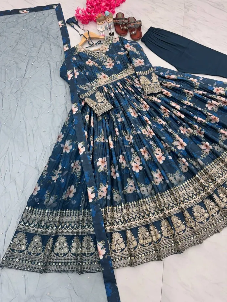 chinon Printed Party Wear Gown, Blue at Rs 899 in Surat