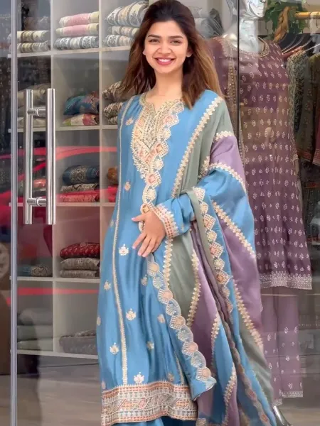Sky Blue Color Georgette Salwar Suit With Heavy Embroidery Work Pant and Dupatta