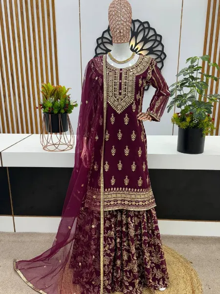 Wine Top Gharara Dress in Georgette With Heavy Sequence Embroidery Work