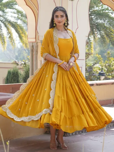 Yellow 15 Meter Big Flair Ruffle Gown in Georgette With Embroidery Dupatta