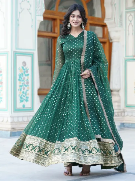 Green Designer Gown in Nylon Silk With Jacquard Butti and Sequins Embroidery