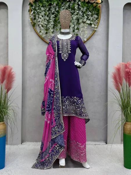 Purple Top With Pink Palazzo Suit in Georgette With Print and Embroidery