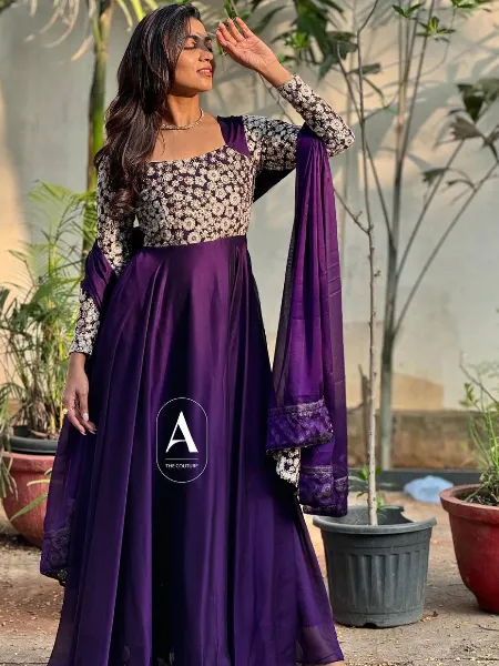 Wine Color Georgette Party Wear Gown With Sequins Embroidery Ready to Wear