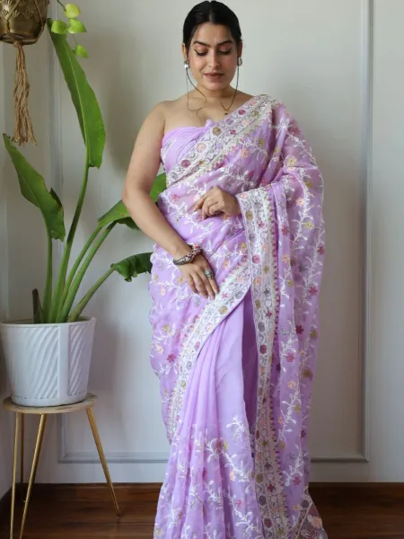 Lavender Saree in Net With Multi Thread Embroidery and Stone Work With Blouse