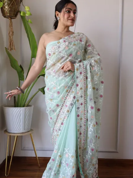 Pista Saree in Net With Multi Thread Embroidery and Stone Work With Blouse