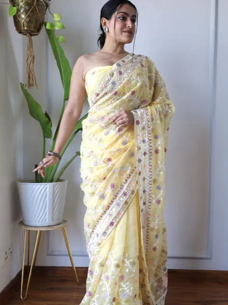 Yellow Saree in Net With Multi Thread Embroidery and Stone Work With Blouse