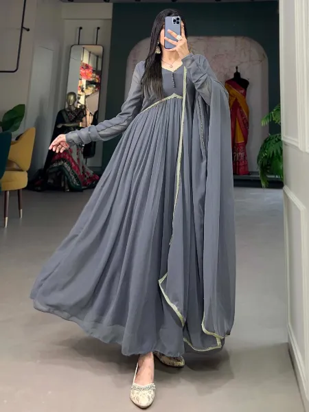 Grey Color Georgette Gown With Alia Cut Neck Sequence Lace Dupatta