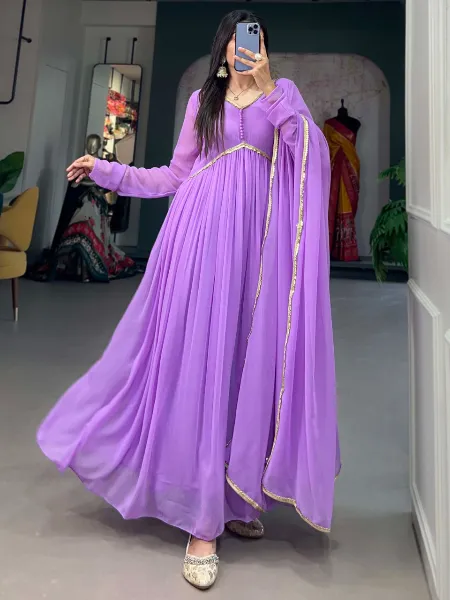 Light purple Color Georgette Gown With Alia Cut Neck Sequence Lace Dupatta