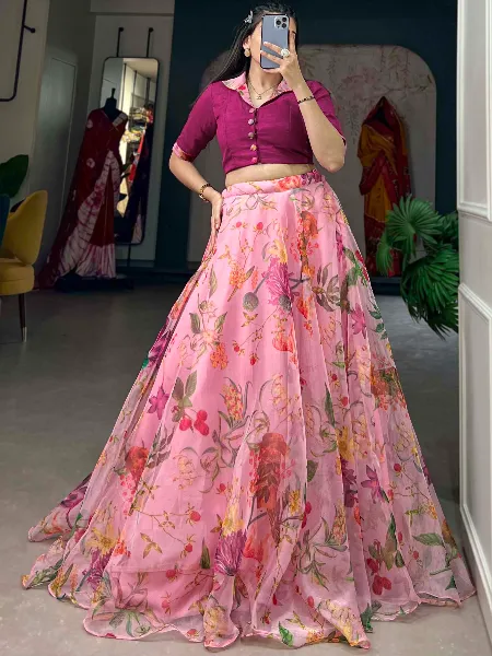 Light Pink Ready to Wear Lehenga Choli in Organza With Floral Print 9 Meter Flair
