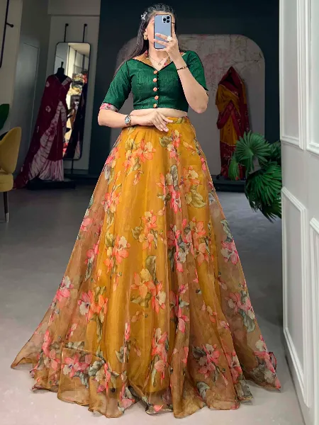 Mustard Ready to Wear Lehenga Choli in Organza With Floral Print 9 Meter Flair