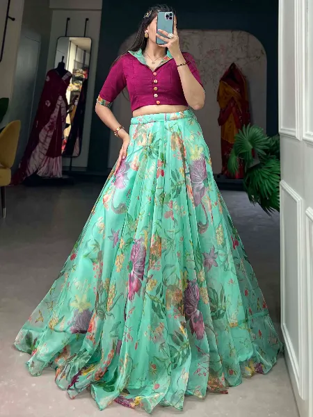 Sea Green Ready to Wear Lehenga Choli in Organza With Floral Print 9 Meter Flair