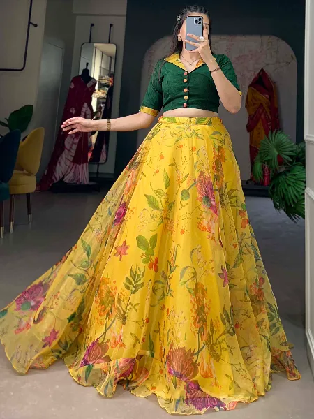 Yellow Ready to Wear Lehenga Choli in Organza With Floral Print 9 Meter Flair
