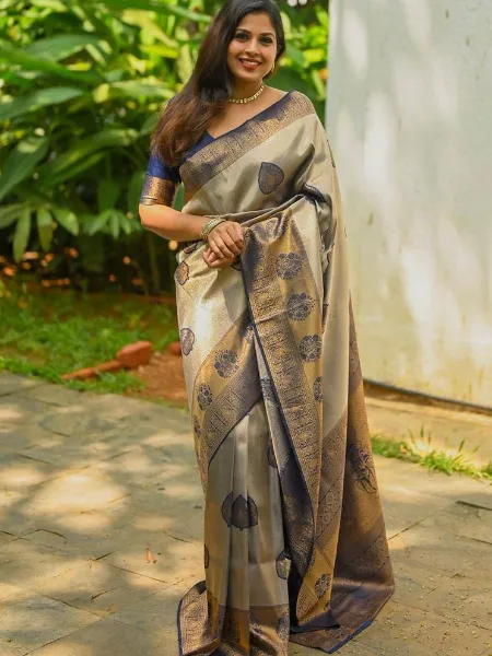 Grey Soft Lichi Silk Saree With Beautiful Design Weaving Work Indian Saree