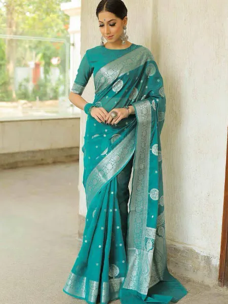 Rama Soft Lichi Silk Saree With Beautiful Design Weaving Work Indian Saree