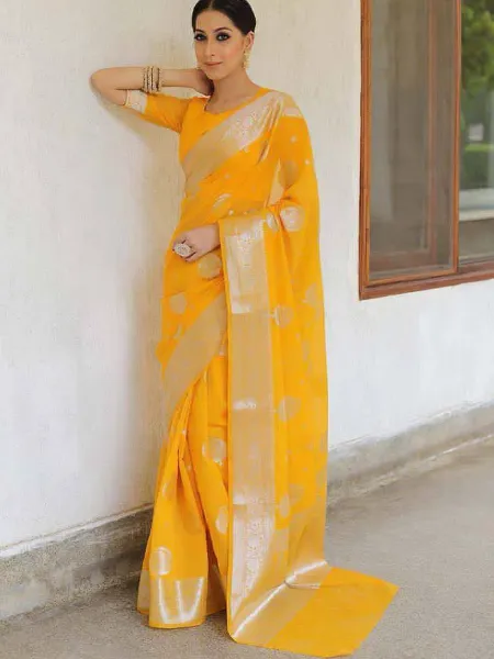 Yellow Soft Lichi Silk Saree With Beautiful Weaving Work Indian Saree for Haldi