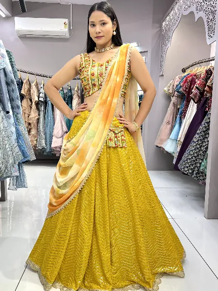 Yellow Color Georgette Lehenga Choli With Sequence Embroidery Ready to Wear