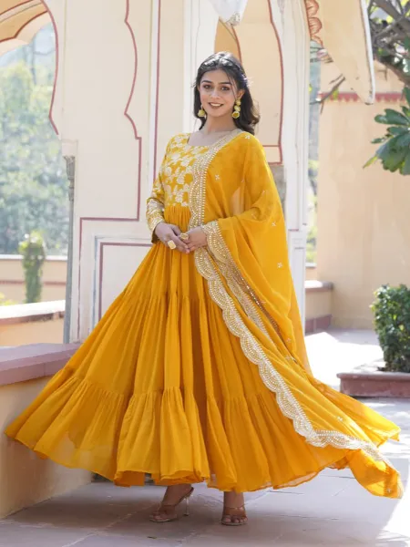 Haldi Ceremony Gown With Jacquard and Embroidered Dupatta With 12 Meter Flair