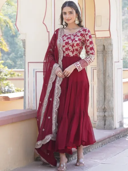 Maroon 12 Meter Big Flair Ruffle Gown in Georgette With Jacquard and Embroidery
