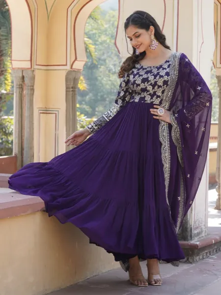 Purple 12 Meter Big Flair Ruffle Gown in Georgette With Jacquard and Embroidery