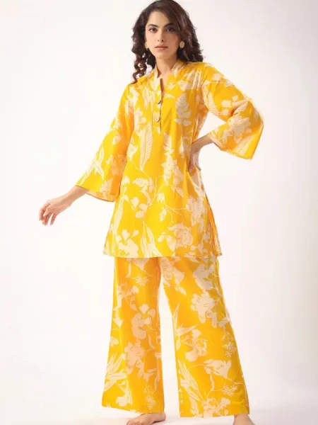 Yellow Color Co-Ords Set With Beautiful Digital Print and Bell Sleeve in Maslin