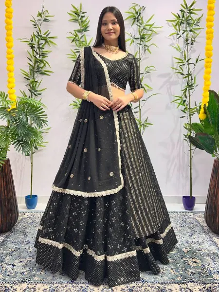Black Color Sequence Lehenga Choli in Georgette With Zari Embroidery and Sequins