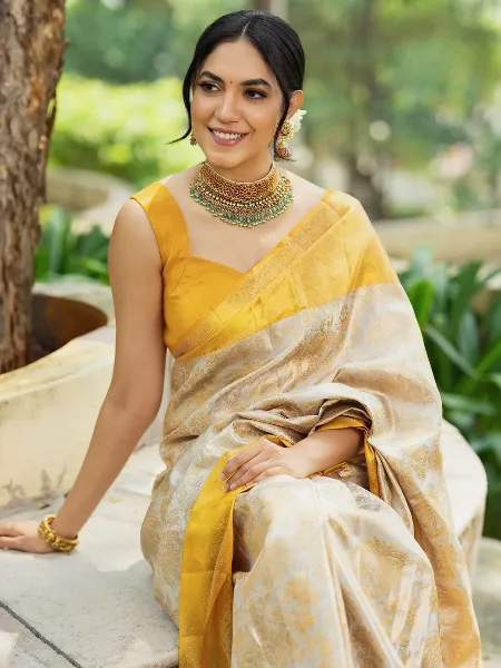Designer White Soft Lichi Silk Saree With Yellow Border and Blouse South Saree