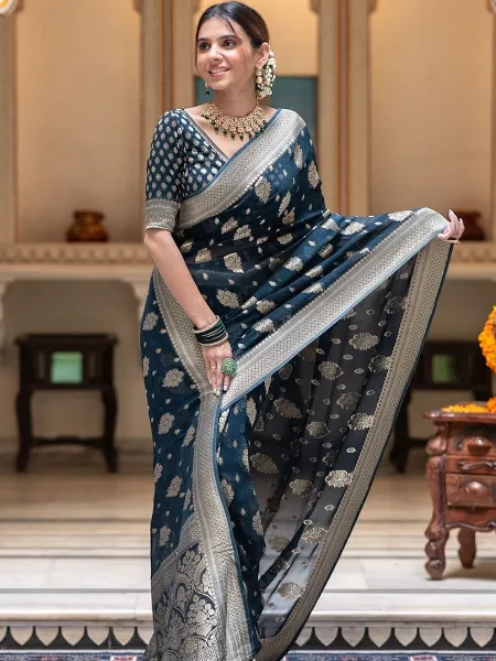 Blue Soft Cotton Silk Saree With Weaving Work and Blouse South Indian Saree