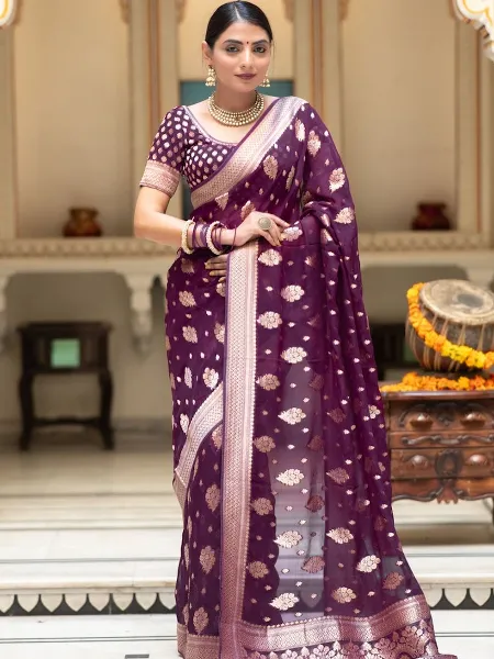 Wine Soft Cotton Silk Saree With Weaving Work and Blouse South Indian Saree