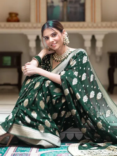 Green Soft Cotton Silk Saree With Weaving Work and Blouse South Indian Saree