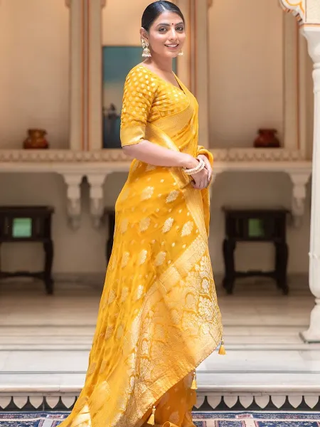 Yellow Soft Cotton Silk Saree With Weaving Work and Blouse South Indian Saree