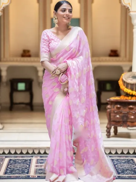 Light Pink Soft Cotton Silk Saree With Weaving Work and Blouse South Indian Saree