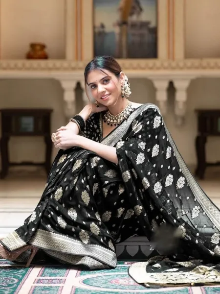 Black Soft Cotton Silk Saree With Weaving Work and Blouse South Indian Saree