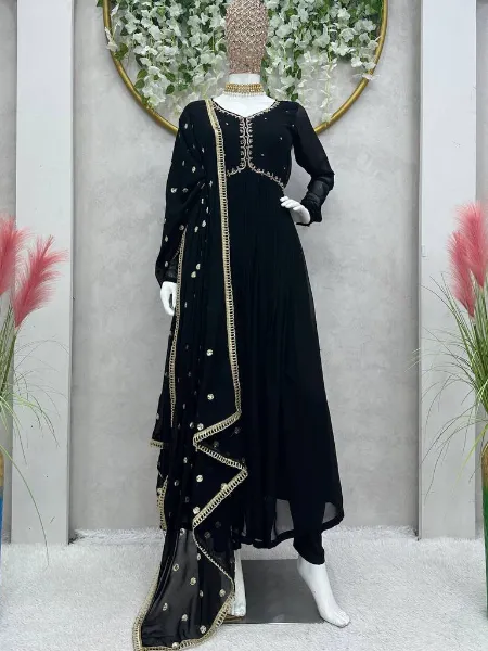 Black Color Designer Top Pant and Dupatta With Hand Work Party Wear Suit