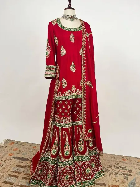 Red Color Sharara Suit in Georgette With Heavy Embroidery Work Sharara Suit