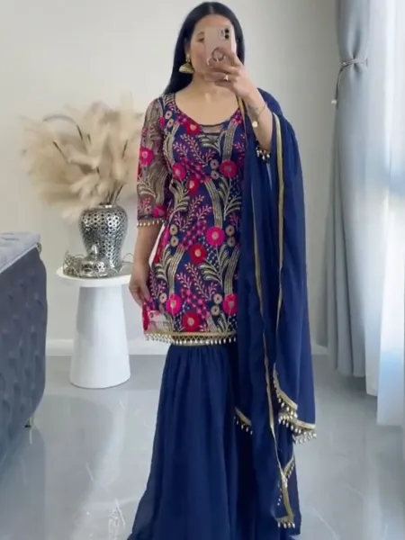 Navy Blue Sharara Suit in Georgette With Heavy Embroidery Work Sharara Suit