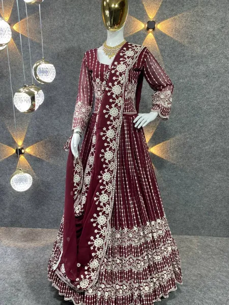 Wine Color Reception Gown in Georgette With Full Heavy Embroidery and Dupatta