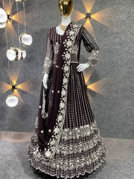 Black Color Reception Gown in Georgette With Full Heavy Embroidery and Dupatta
