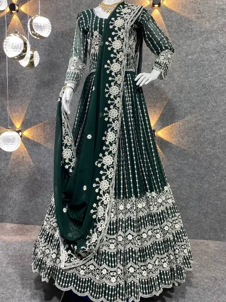 Rama Color Reception Gown in Georgette With Full Heavy Embroidery and Dupatta