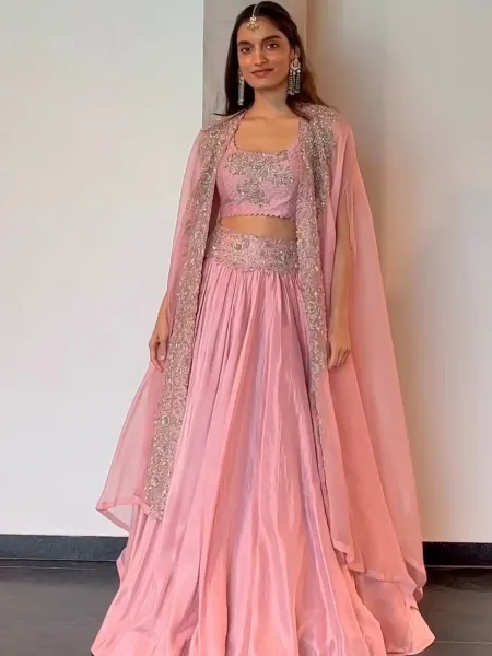 Light Pink Designer Lehenga Choli in Chinon With Sequins Embroidery and Shrug