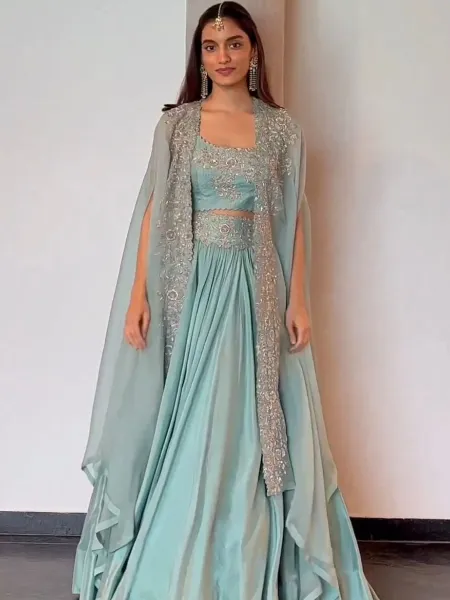 Sky Blue Designer Lehenga Choli in Chinon With Sequins Embroidery and Shrug
