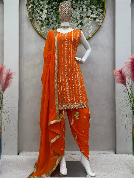 Punjabi Patiyala Suit in Orange Georgette With Dhoti and Sequence Embroidery
