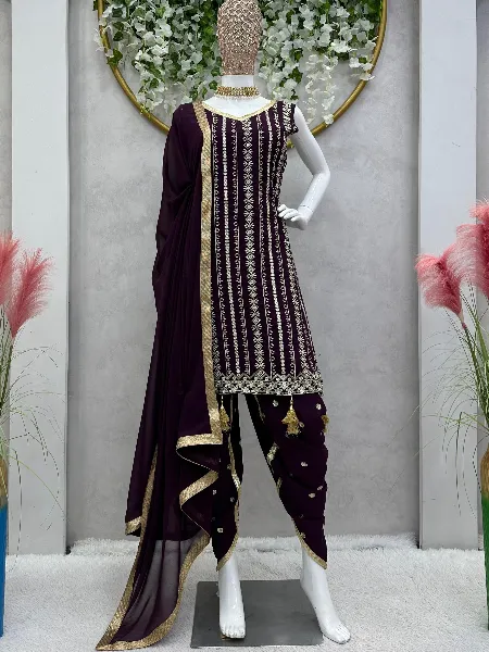 Punjabi Patiyala Suit in Wine Georgette With Dhoti and Sequence Embroidery