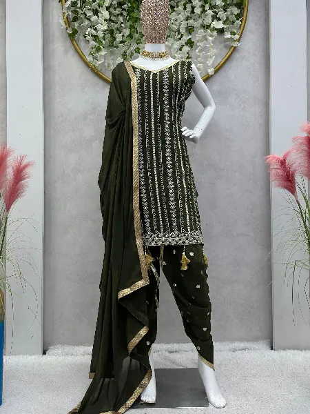Punjabi Patiyala Suit in Mehendi Georgette With Dhoti and Sequence Embroidery