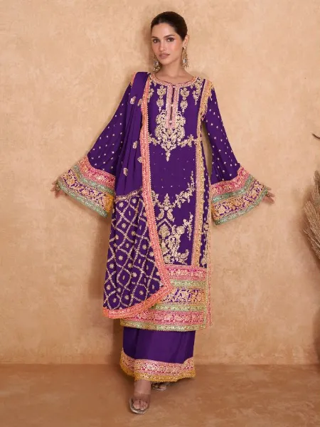 Pakistani Dress in Purple Color Georgette With Sequence Embroidery and Stone