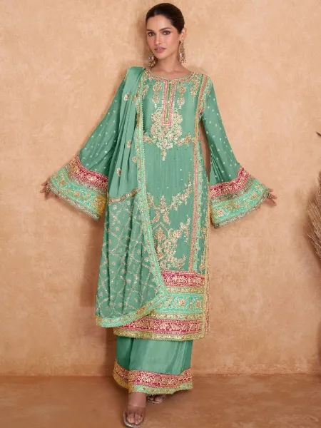 Pakistani Dress in Pista Color Georgette With Sequence Embroidery and Stone
