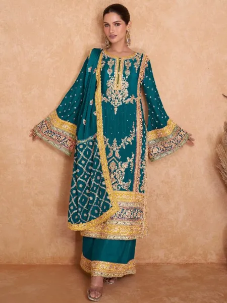 Pakistani Dress in Rama Color Georgette With Sequence Embroidery and Stone