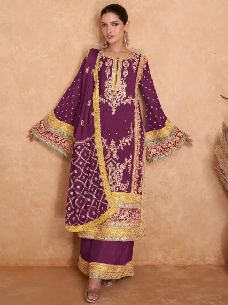 Pakistani Dress in Wine Color Georgette With Sequence Embroidery and Stone