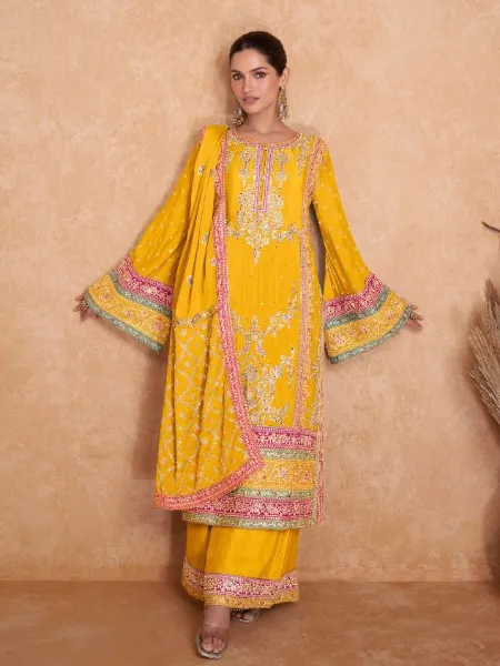 Pakistani Dress in Yellow Color Georgette With Sequence Embroidery and Stone