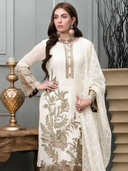 White Color Pakistani Dress in Georgette With Sequence and Diamond Work